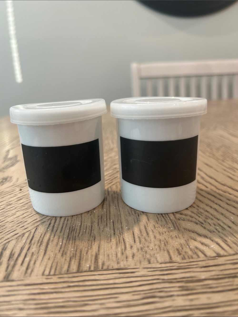 Crate&Barrel White Mini Storage Jars with Black Label Band - Set of 2